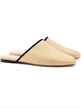 LARROUDE Venice Flat Mules Slip On Size 8 Beige Raffia Leather NEW $315